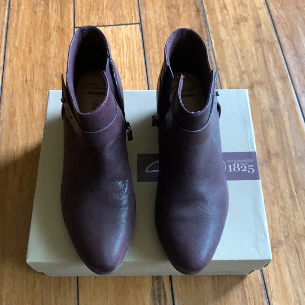Clarks Booties Leather Burgundy color